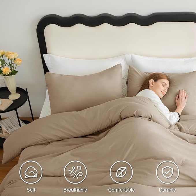 CozyLux Full Size Comforter Set Taupe, 3 Pieces Solid Breathable Quilted - Image 5