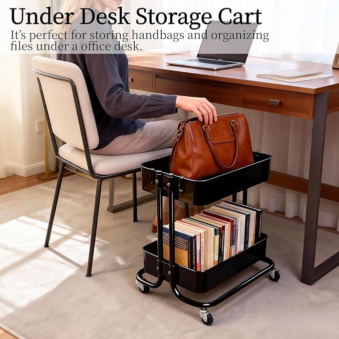 LiWNYRK 2 Tier Cart with Wheels Heavy Duty Metal Rolling Storage Cart for Under Desk Storage, Short Small Utility Shelf for Pantry Kitchen Bathroom Laundry, Home Organizer with Large Basket, Black