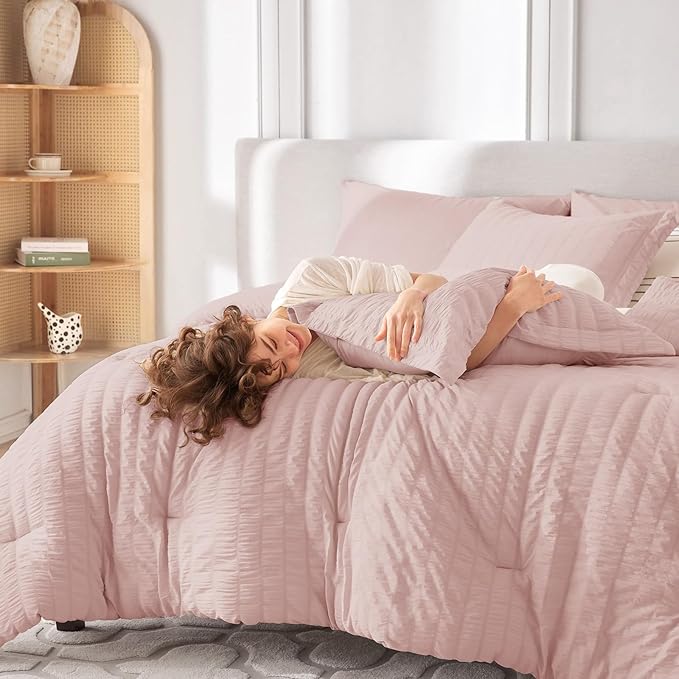 MUXHOMO 7 Pieces California King Comforter Set, Seersucker Bed in a Bag Cal - Image 7