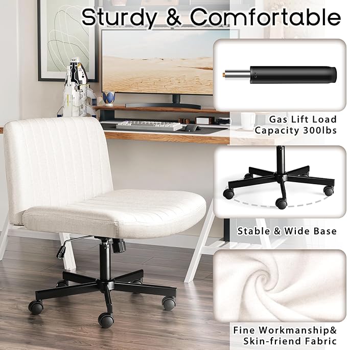 PUKAMI Criss Cross Chair with Wheels,Fabric Padded Armless Cross Legged Office Desk Chair for Home Office,Modern Swivel Height Adjustable Wide Seat(Beige)