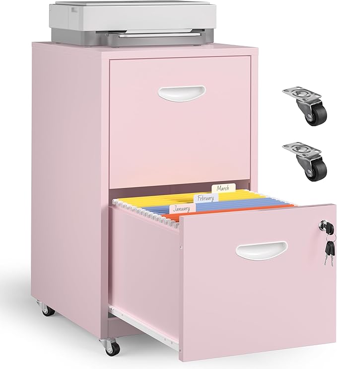 Kubohogar 2 Drawer Mobile File Cabinet with Lock, Pink Metal Filing Cabinets with Wheels, Vertical Rolling File Cabinet Fit Hanging Files, Letter and A4 Documents