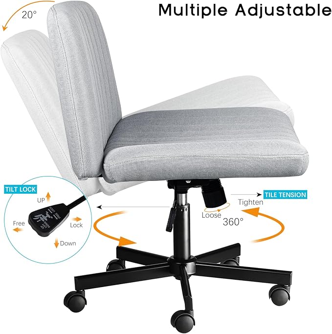 PUKAMI Criss Cross Chair with Wheels,Fabric Padded Armless Cross Legged Office Desk Chair for Home Office,Modern Swivel Height Adjustable Wide Seat (Grey)