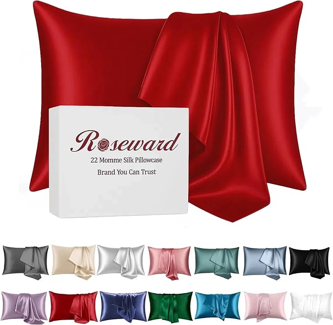 Red Silk Pillowcase for Hair and Skin Made in USA, 22 Momme Mulberry Silk by ROSEWARD