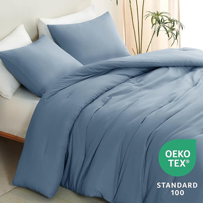 CozyLux Queen Comforter Set Grayish Blue, 3 Pieces Solid Comforters Queen Size - Image 4