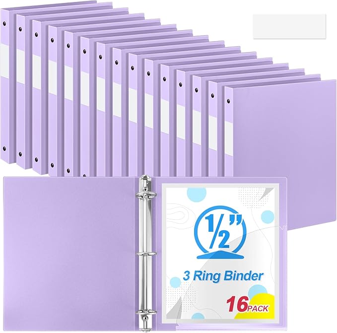 Henoyso 16 Pcs 3 Ring Binder 0.5 Inch Round Fits Letter Size 8.5'' x 11'' Paper Plastic Flexible Binder Bulk Holds 140 Sheets with 1 Pockets Versatile Organizer for Home Office School (Light Purple)