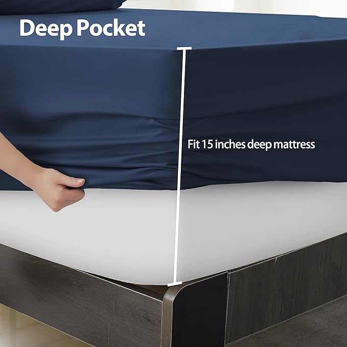 Twin XL Size Fitted Sheet Only Navy Blue, 100% Egyptian Cotton 600 Thread Count - Image 4