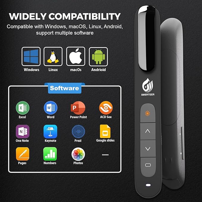 AMERTEER Wireless Presenter,Support Hyperlink RF 2.4GHz Powerpoint PPT Clicker Presentation Remote Control Laser Pointer Flip Pen