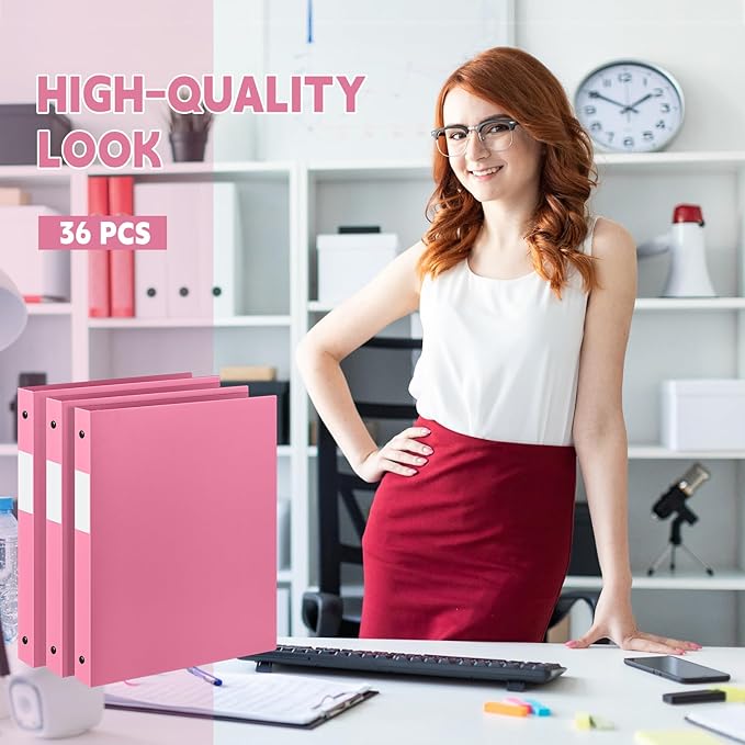 Henoyso 36 Pcs 3 Ring Binder 0.5 Inch Round Fits Letter Size 8.5'' x 11'' Paper Plastic Flexible Binder Bulk Holds 140 Sheets with 1 Pockets Versatile Organizer for Home Office School (Pink)
