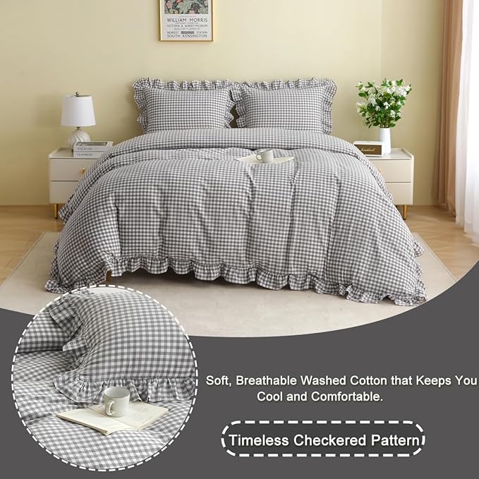 Silnuo Grey/White Checkered Ruffle 3-Piece Duvet Cover Set King Size, Washed - Image 3