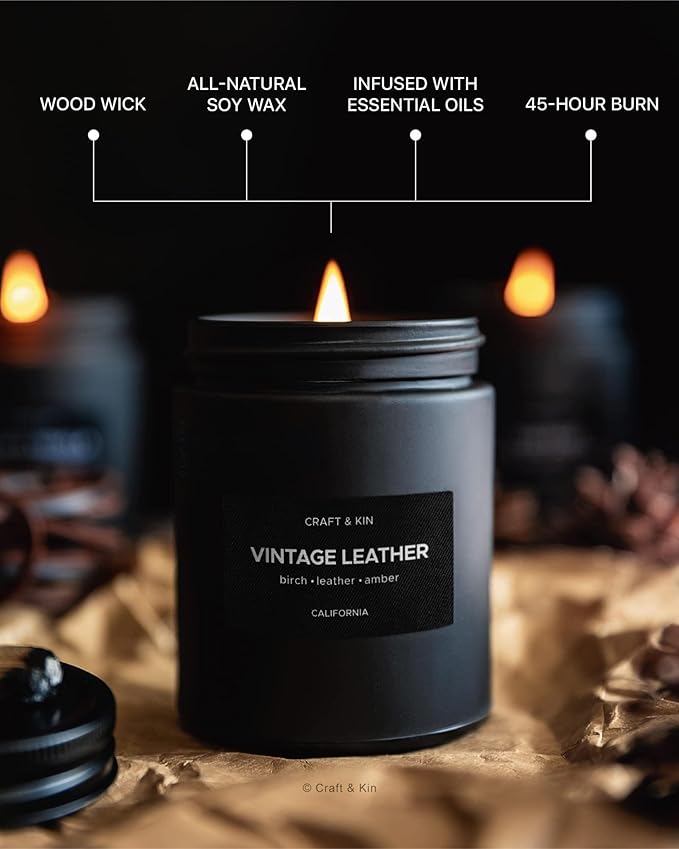 Craft & Kin Premium Vintage Leather Candle | Black Scented Candles - Image 4