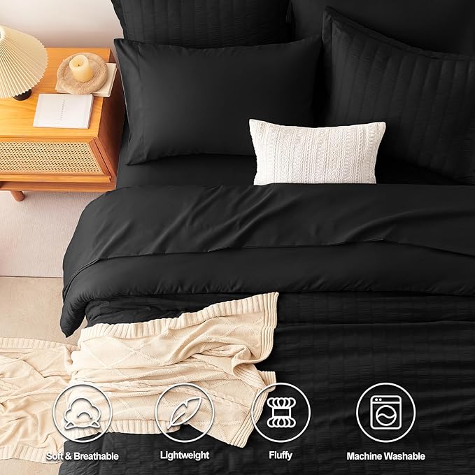 CozyLux Oversized Queen Comforter Set Black Seersucker 7 Pieces 98x98 Bed in a - Image 2