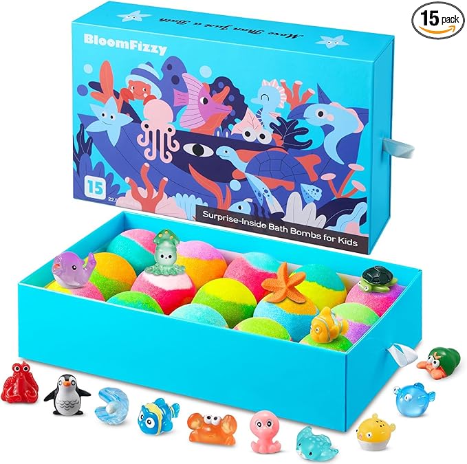 Sea Surprise Bath Bombs for Kids, 15 Pack Organic Fizzy Bath Bombs Gift Set by BloomFizzy