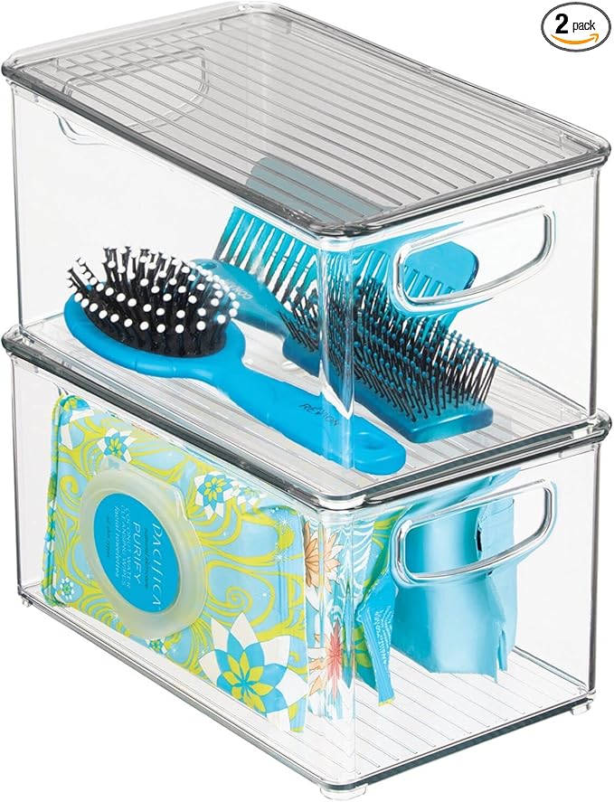 mDesign Deep Plastic Bathroom Storage Bin Box, Lid/Built-in Handles, by mDesign