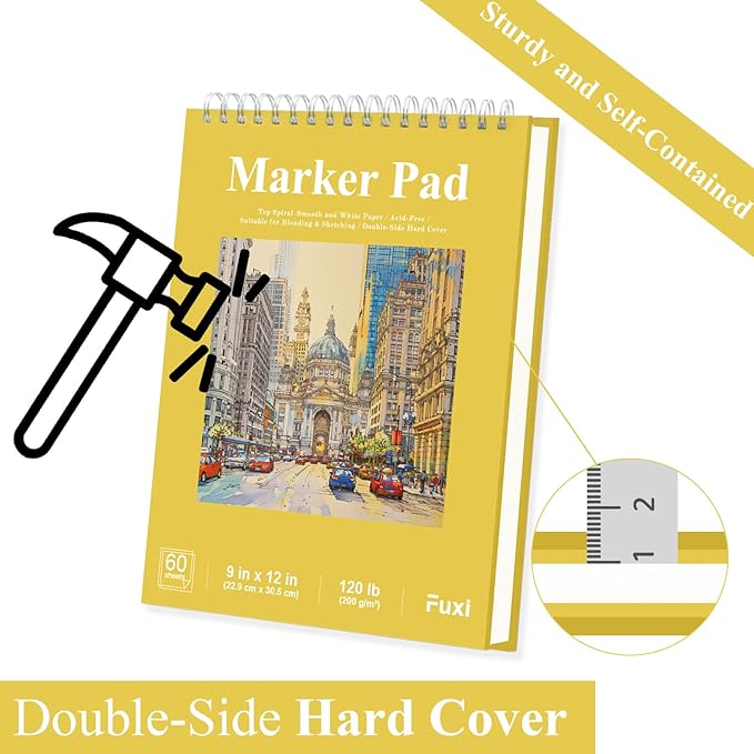 Fuxi Marker Paper Sketchbook 8" x 10", 60 Sheets Marker Pad Sketch Book Hard Covers, 120lb/200gsm Drawing Paper for Markers, Drawing Pad for Alcohol Markers, Art Gifts for Adults & Art Stuff.