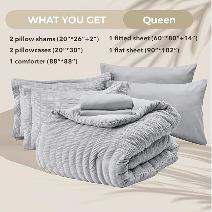 HYMOKEGE Light Grey Queen Comforter Set Seersucker 7 Pieces, All Season Luxury - Image 5
