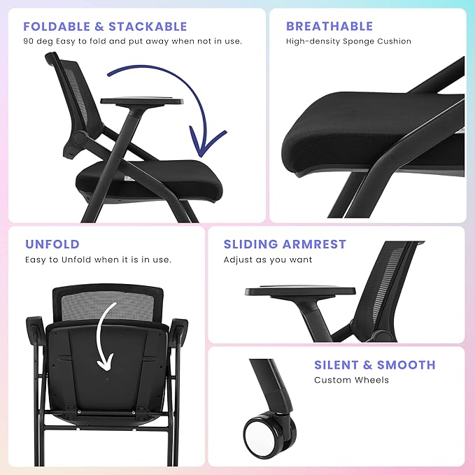 6 Pack Stackable Conference Room Chairs with Wheels and Paddle, Ergonomic Mesh Back and Arms for Meeting, Conference, Reception, Training Room & Home Office Desk Folding Chairs