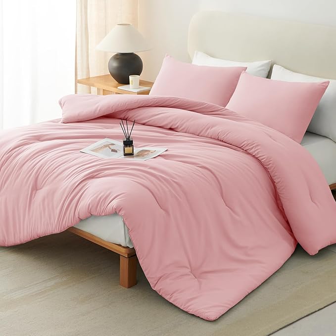 CozyLux King Size Comforter Set Pink, 3 Pieces Solid Comforters King Size by CozyLux