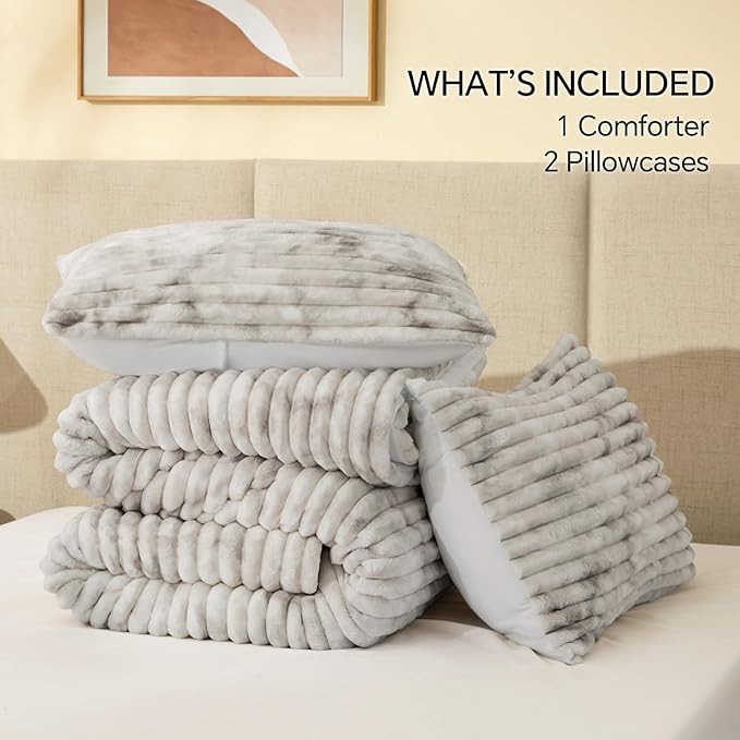 BEDELITE Fleece King Comforter Set -Super Soft & Warm Fluffy Grey&White Bedding - Image 6