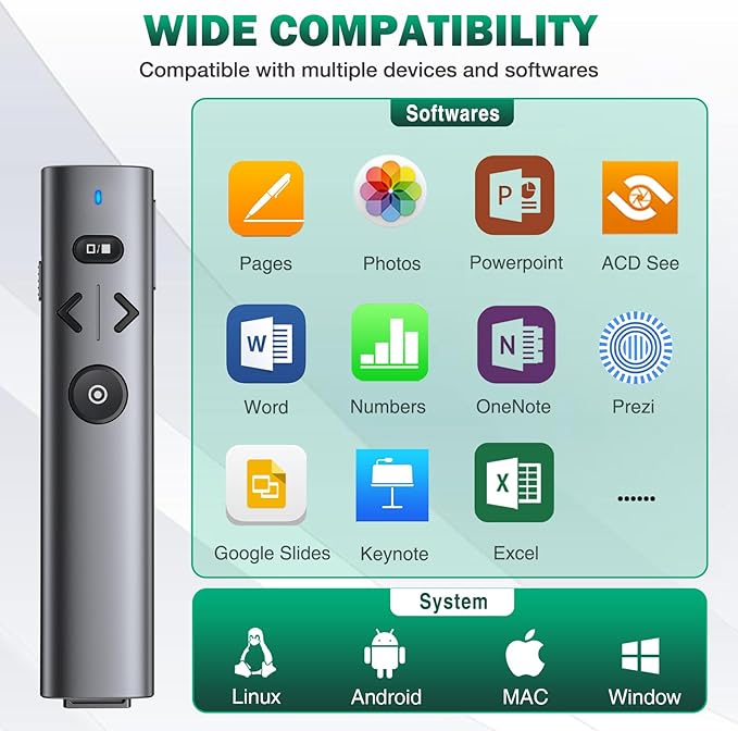 Wireless Presentation Clicker with Green Light Pointer, Clicker for Powerpoint Presentations with Volume Control, Rechargeable Long Range Presenter for Google Slide Keynote PC