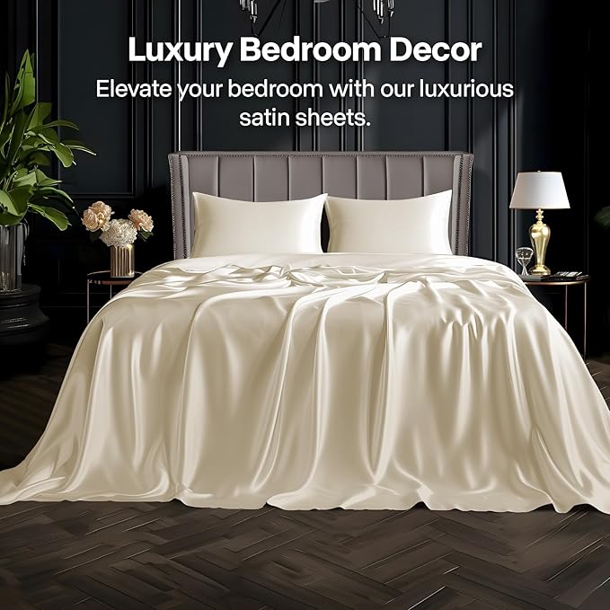 BEDELITE King Size Sheets Set, Luxury Soft Beige Satin Sheets - Image 2