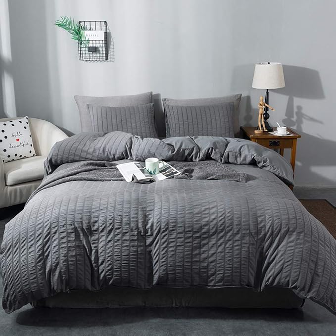 AveLom Dark Gray Duvet Cover Twin Size，2 Pieces Stripe Textured Soft Washed by AveLom