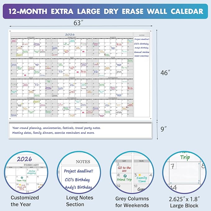 Jumbo Dry Erase Yearly Whiteboard Wall Calendar, 46" x 63", Huge 12 Month Laminated Erasable White Board, Giant Annual Family Schedule Planner, Large Undated Reusable Year Poster