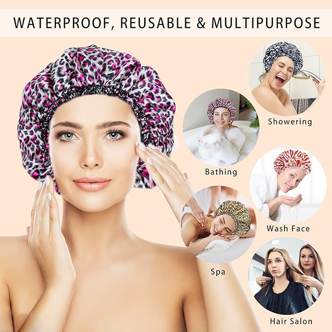 4 PCS Shower Caps for Women, Elastic and Reusable Bath Caps, Double Waterproof - Image 2