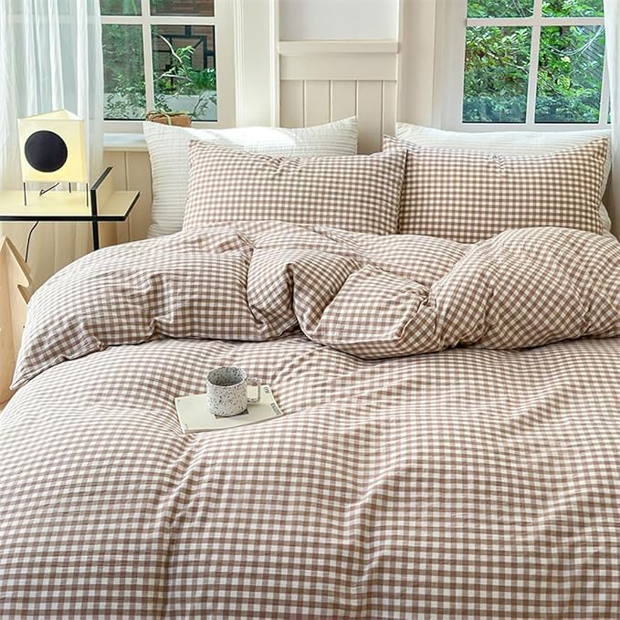 Nayoroom Brown Gingham Duvet Cover Twin Size Tan White Plaid Checkered Duvet - Image 3