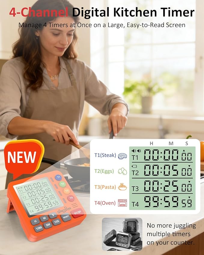 Digital Kitchen Timer for Cooking - 4 Channel Count Up Countdown Timer with Loud Alarm and Silent Mode, Large Display, Magnetic Back, Auto Memory for Classroom Study Gym, Battery Included (Orange)