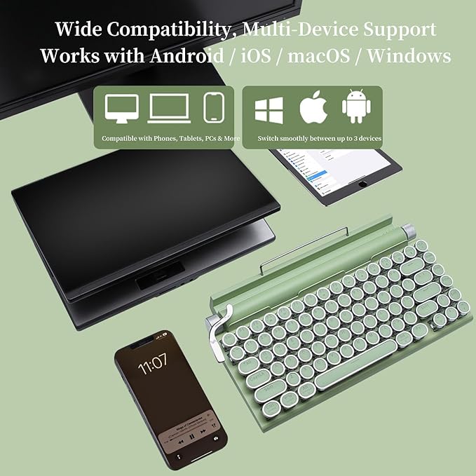 Adventurers Retro Typewriter-Style Mechanical Keyboard, 83 Keys, 75% Compact Layout, Bluetooth 5.0 and Wired, Hot-Swappable Blue Switch, White Backlit for Windows/Mac/iPad/PC/Laptop (Mint Green)