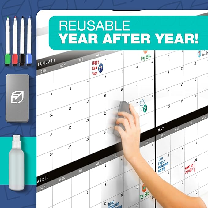 Large Dry Erase Calendar for Wall, 38" x 68" - Undated, Yearly, Reusable - Full 12 Month Year - Includes Markers, Eraser & Accessories