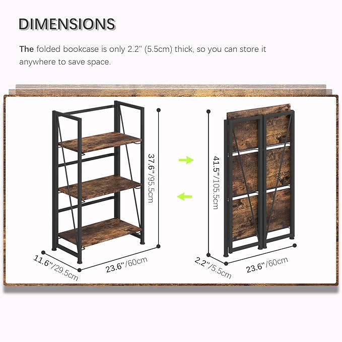 4NM No Assembly Folding Bookshelf Storage Shelves 3 Tiers Vintage Bookcase Standing Racks Study Organizer Home Office (Rustic Brown Black)