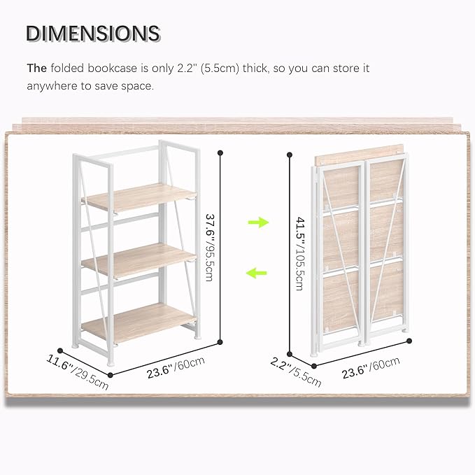 4NM No Assembly Folding Bookshelf Storage Shelves 3 Tiers Vintage Bookcase Standing Racks Study Organizer Home Office (Natural White)