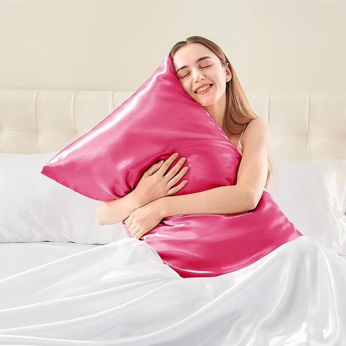 BEDELITE Satin Pillowcase with Zipper, Hot Pink Pillow Cases Queen Size Set of 2 - Image 2