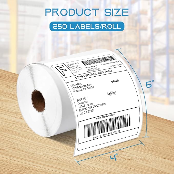 MFLABEL 4x6 Thermal Shipping Labels - 2 Rolls of 250, Perforated & Smudge-Proof Direct Thermal Labels Compatible with Rollo, Zebra, for Amazon UPS FedEx Shopify