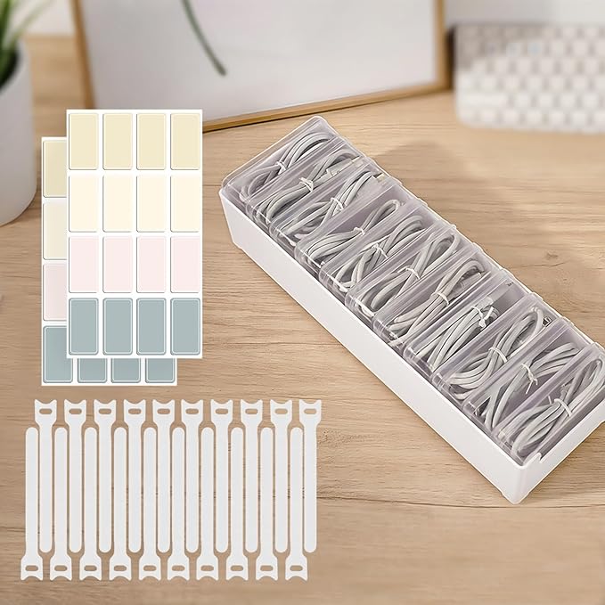 11 Cable Organizer Box with Labels, Cord Storage Organizer for Desk Drawer，Includes 20 Ties & 32 Labels, Office Home Multi-Purpose Organizer