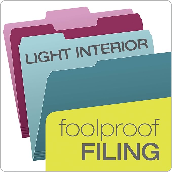 Pendaflex Two Tone Color File Folders, Letter Size, Assorted Colors (Teal, Violet, Gray, Navy and Burgundy), 1/3-Cut Tabs, 5 Color, 100/Box, (02315)