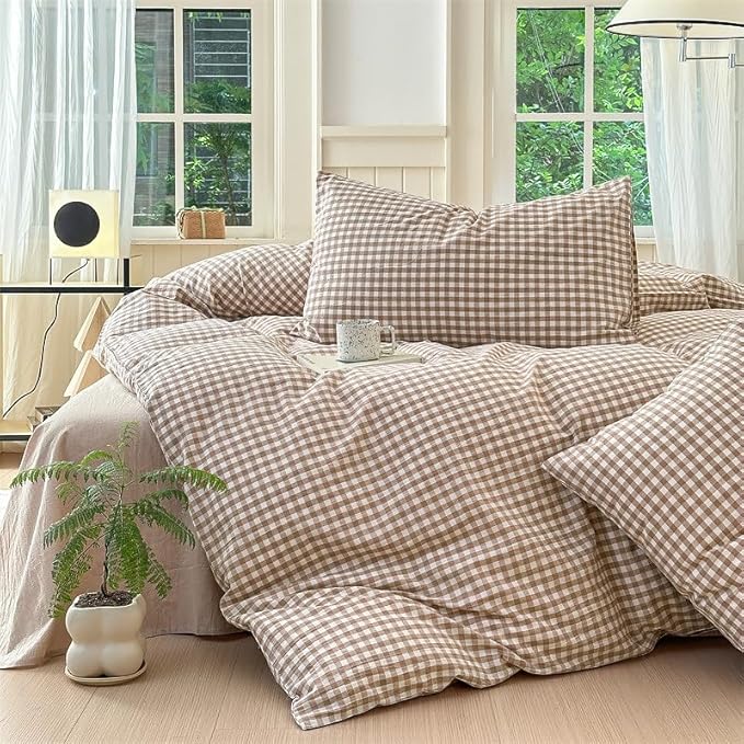 Nayoroom Brown Gingham Duvet Cover King Size Tan White Plaid Checkered Duvet - Image 4