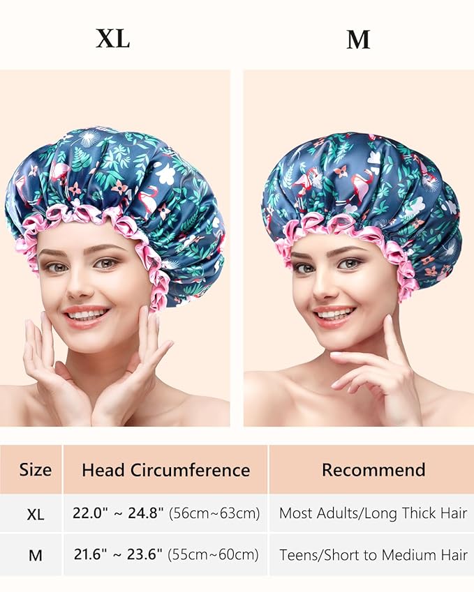 mikimini Large Shower Cap for Women Long Hair, 2 Pack, Flamingo Shower Caps - Image 2
