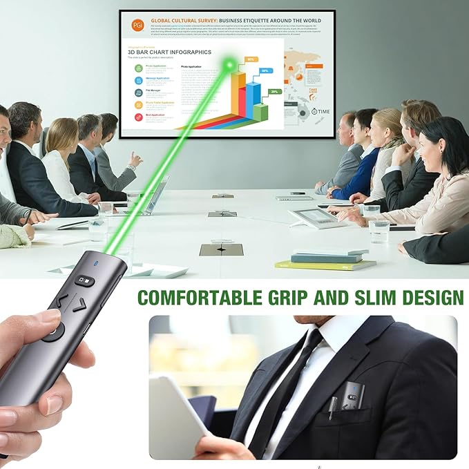 Wireless Presentation Clicker with Green Laser Pointer, Volume Control USB Type C Slide Presenter Remote for Keynote/PPT/Mac/PC/Laptop Office