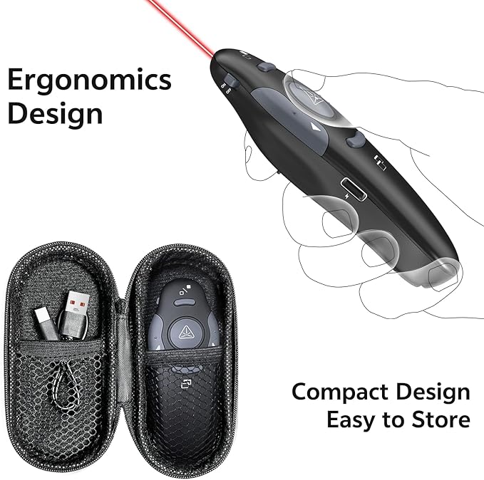 Presentation Clicker with Case Storage: PowerPoint Wireless Presenter Remote USB Type C Rechargeable Red Laser Pointer Clickers for Computer Project Mac PPT Slideshow Google Slide Advancer