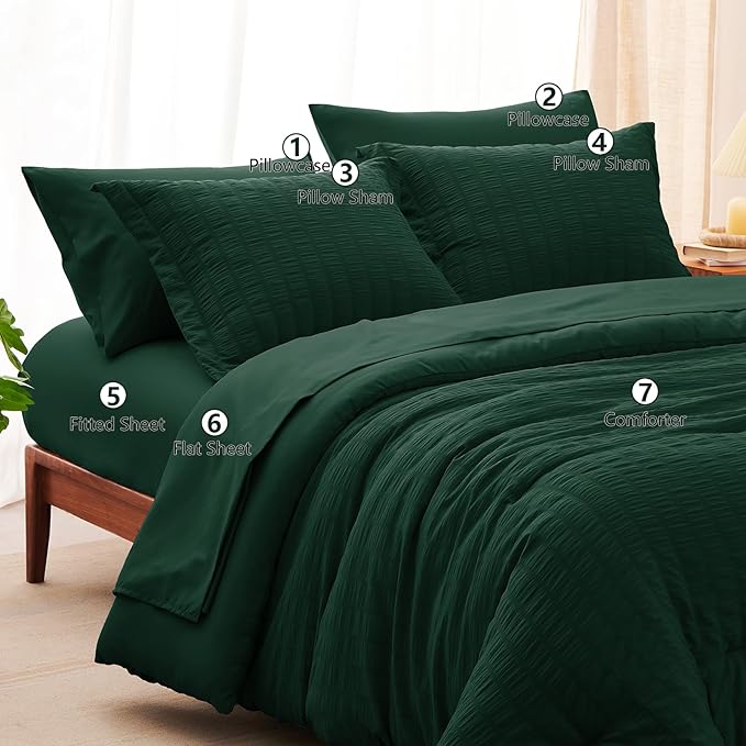 CozyLux King Size Comforter Set Emerald Green Seersucker 7 Pieces Bed in a Bag - Image 7