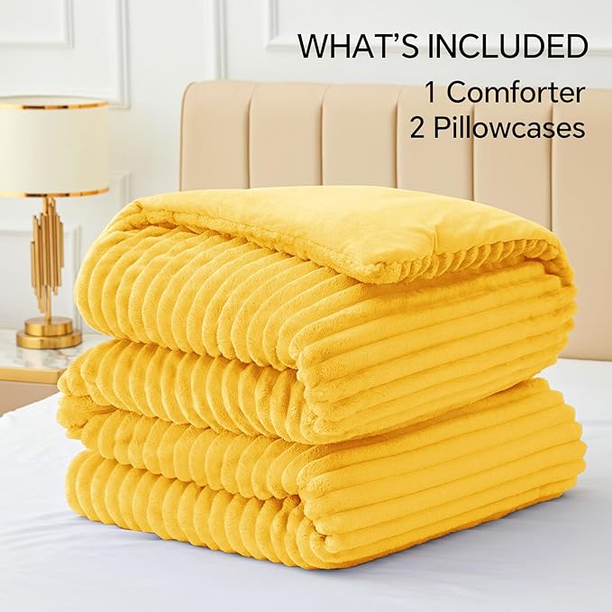 BEDELITE Fleece King Comforter Set -Super Soft & Warm Fluffy Bright Yellow - Image 6