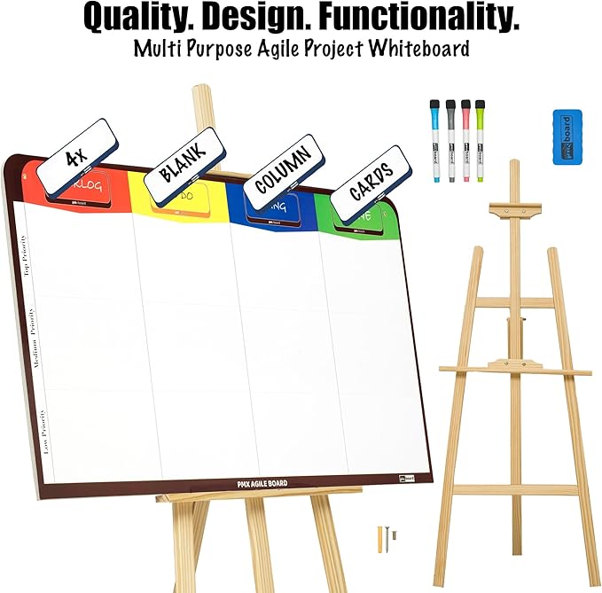 PMXBOARD Magnetic Kanban & Scrum Board – Lightweight Agile Whiteboard with Customizable Headlines | Project Planning Board for Home, Office & School | Includes Easel, Markers, Eraser & Wall Mount Kit
