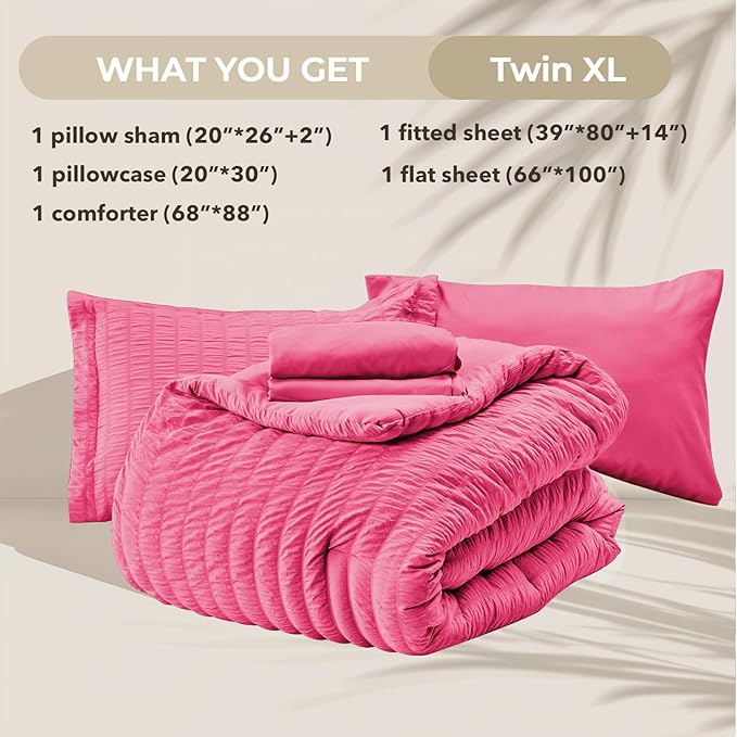 HYMOKEGE Hot Pink Twin XL Comforter Set Seersucker 5 Pieces, All Season Luxury - Image 7