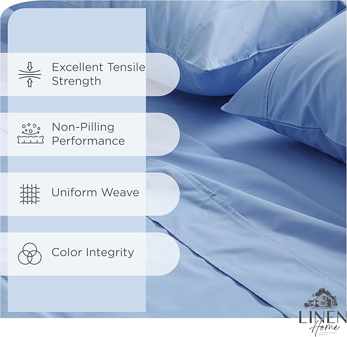 Linen Home 100% Cotton Percale Sheet Set, Queen Size, Baby Blue, Deep Pocket - Image 2