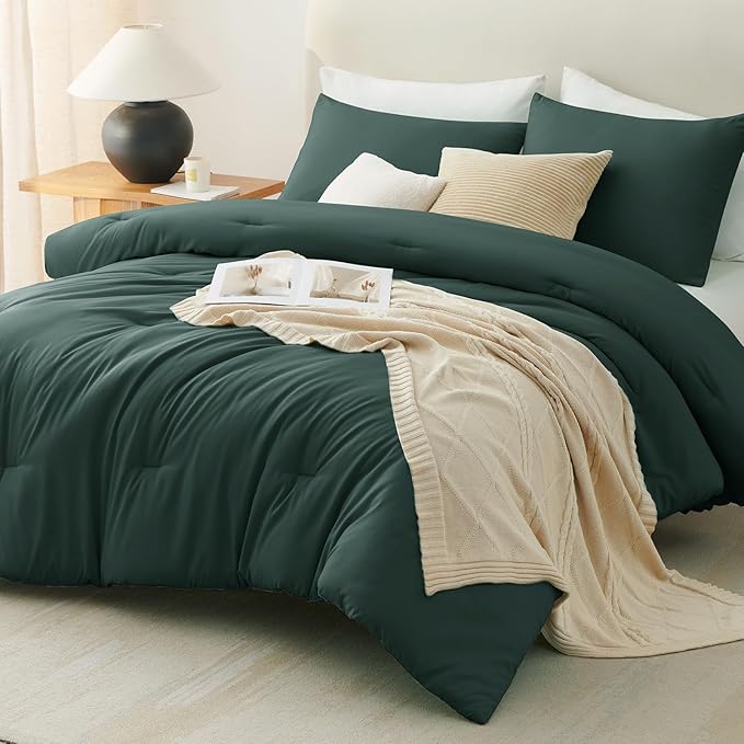 CozyLux California King Comforter Set Forest Green, 3 Pieces Cal King Solid - Image 9