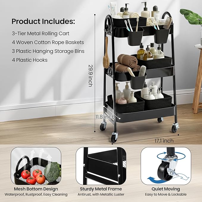 3-Tier Rolling Utility Cart - Image 2