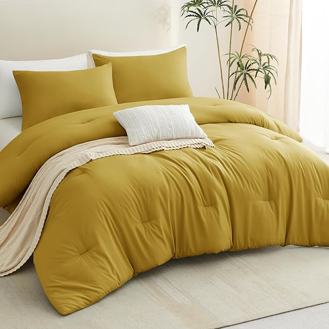 CozyLux Queen Comforter Set Mustard Yellow, 3 Pieces Solid Comforters Queen - Image 7