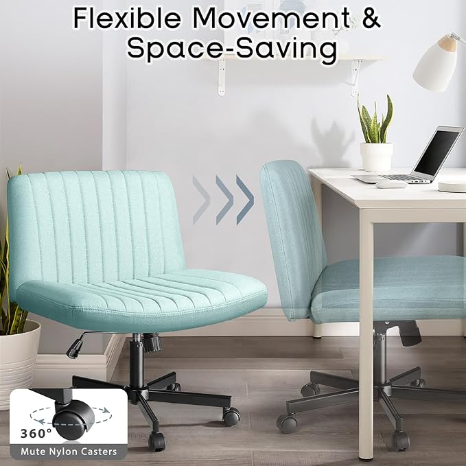 PUKAMI Criss Cross Chair with Wheels,Fabric Padded Armless Cross Legged Office Desk Chair for Home Office,Modern Swivel Height Adjustable Wide Seat Computer Task Vanity Chair(Mint Green)